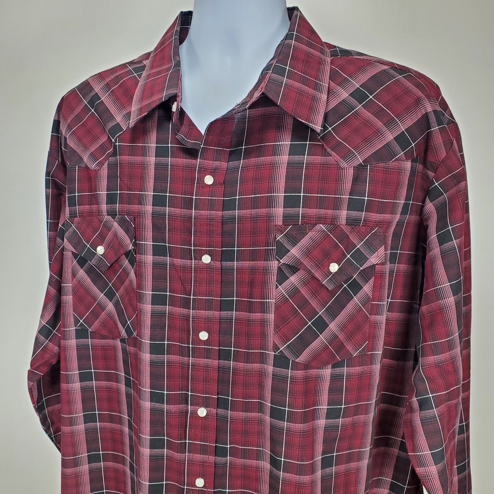 Plains Western Wear Maroon Black Plaid Pearl Snap Big Man‎ 2XL Men's Long Sleeve